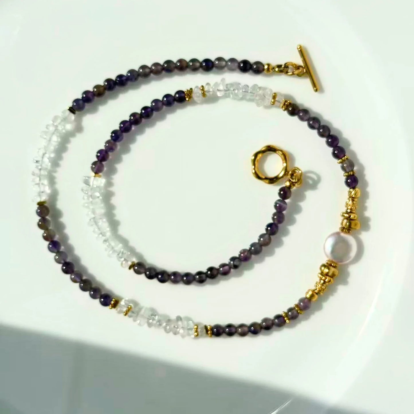 Amethyst Clear Quartz Pearl Necklace - Calm Clarity Elegance NZ - Zodd - NZ - Crafted - Objects of Personal Energy