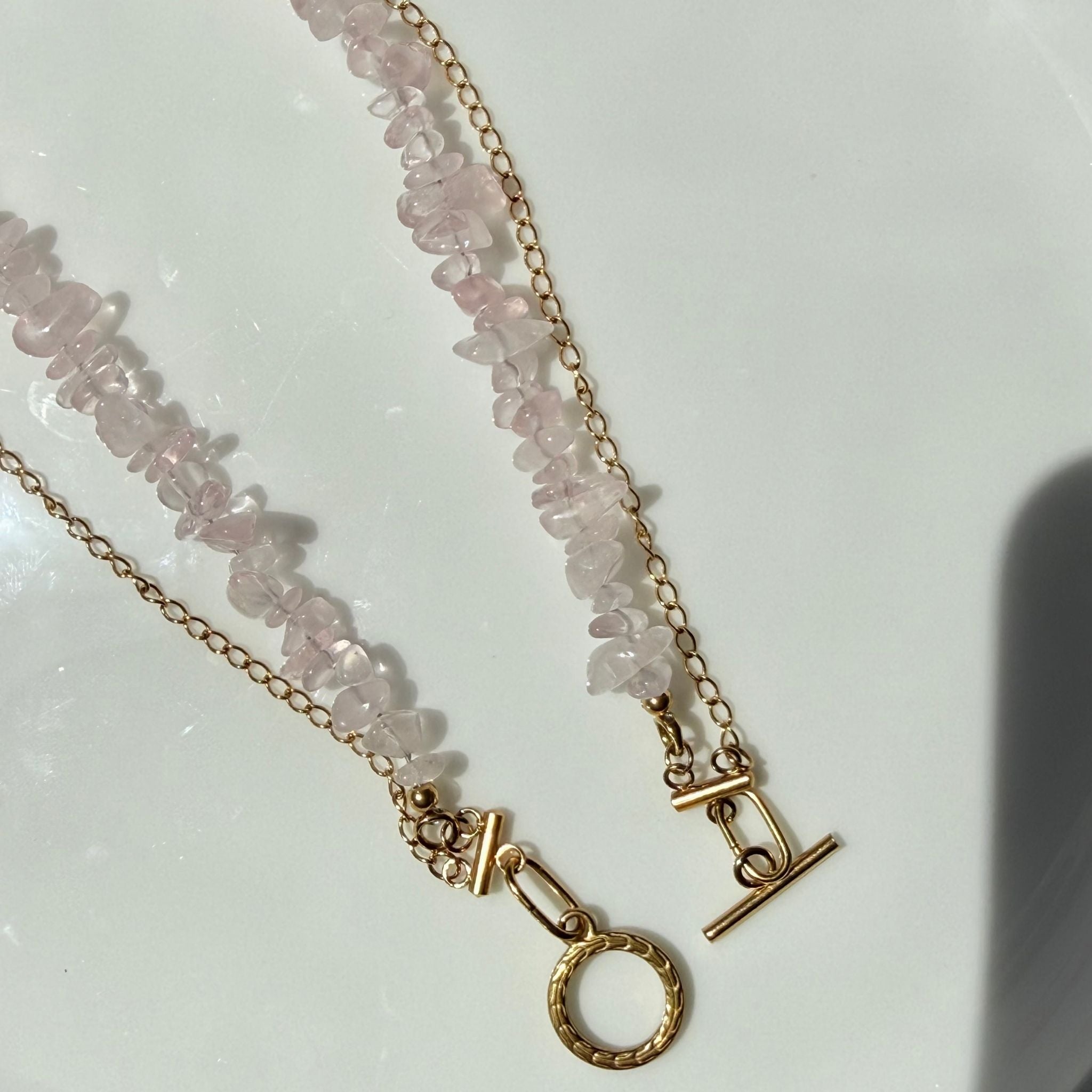 Rose Quartz Layered Necklace Set with Personalised Letter | NZ Made and Designed
