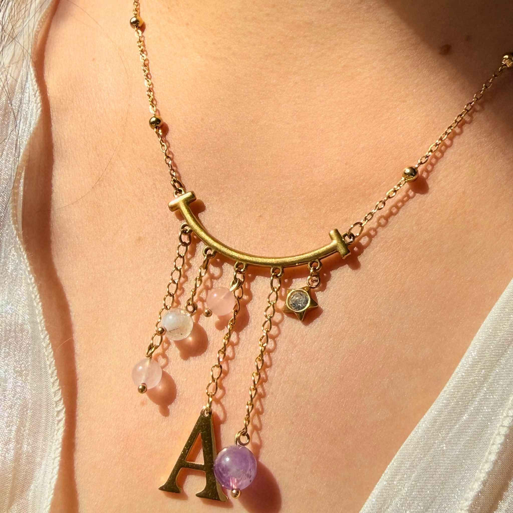 Personalised Letter Necklace with Rose Quartz & Clear Quartz | NZ Handmade &Designed - Zodd - NZ - Crafted - Objects of Personal Energy