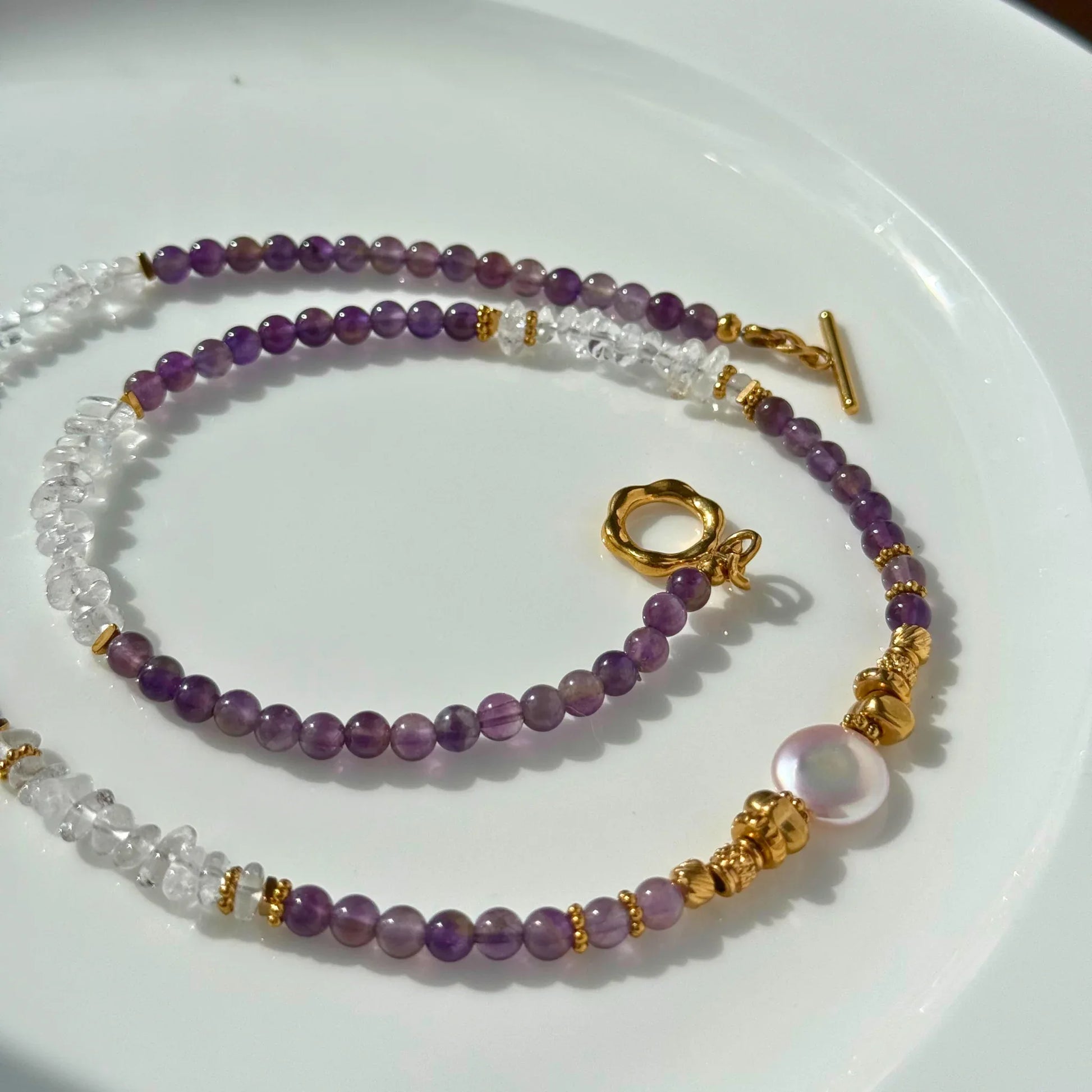 Amethyst Clear Quartz Pearl Necklace - Calm Clarity Elegance NZ - Zodd - NZ - Crafted - Objects of Personal Energy