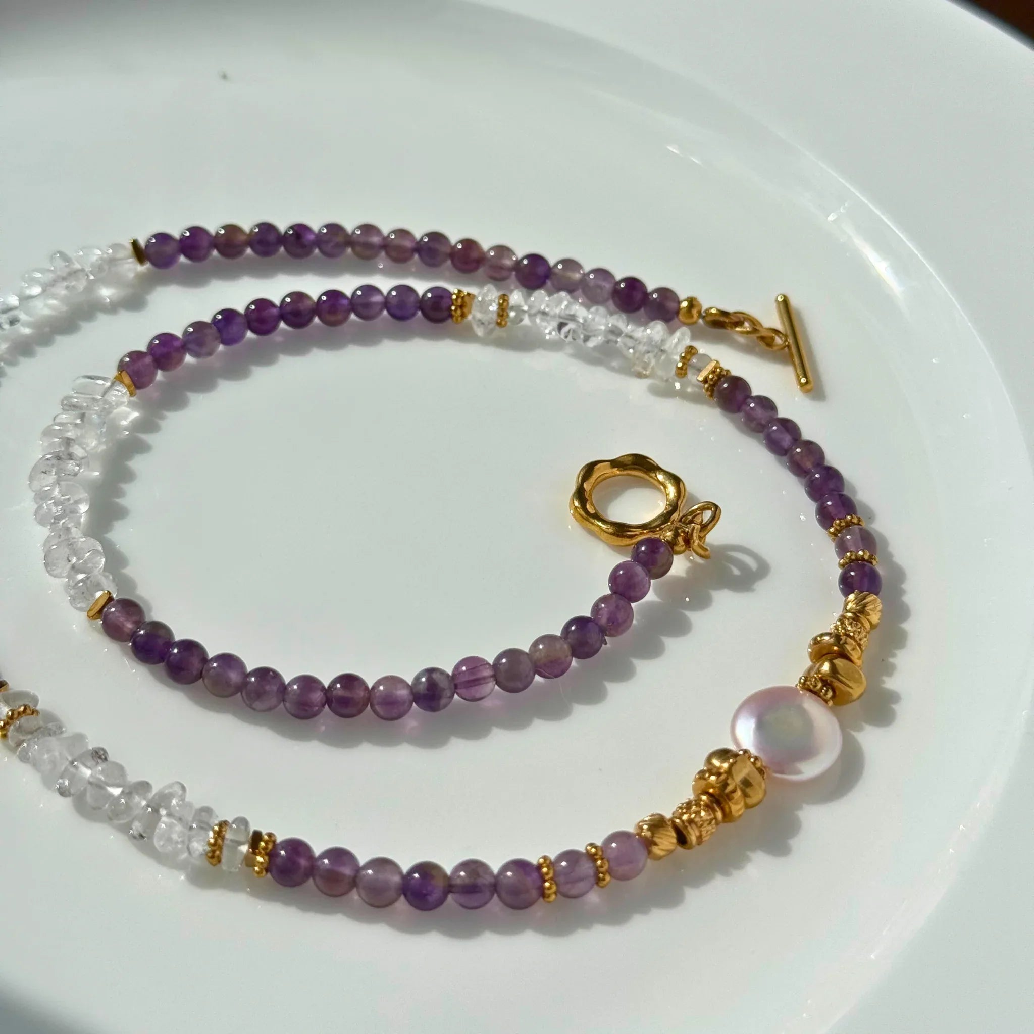 Amethyst Clear Quartz Pearl Necklace - Calm Clarity Elegance NZ - Zodd - NZ - Crafted - Objects of Personal Energy