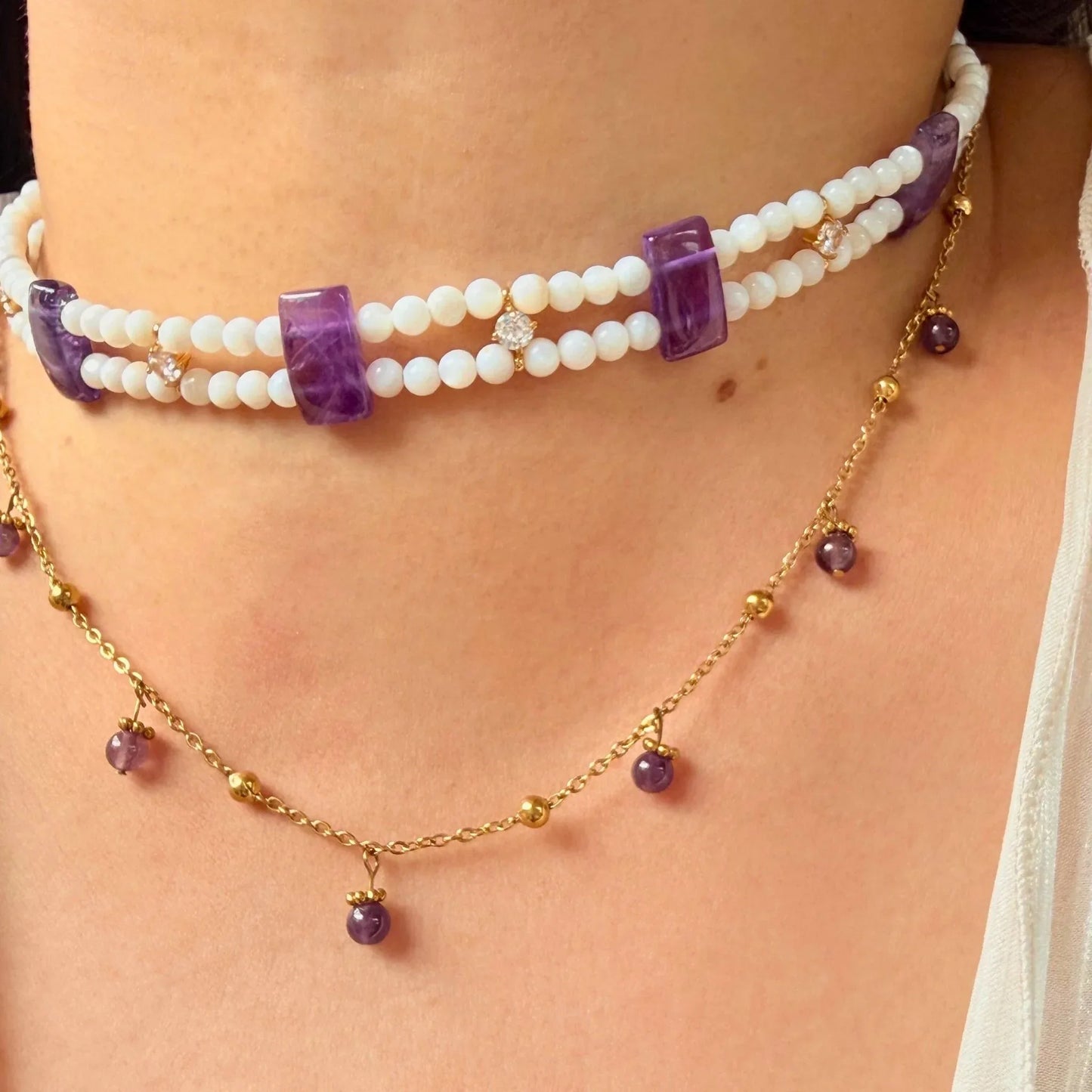 Double Layer Amethyst Shell Choker - Handmade Crystal Necklace NZ - Zodd - NZ - Crafted - Objects of Personal Energy