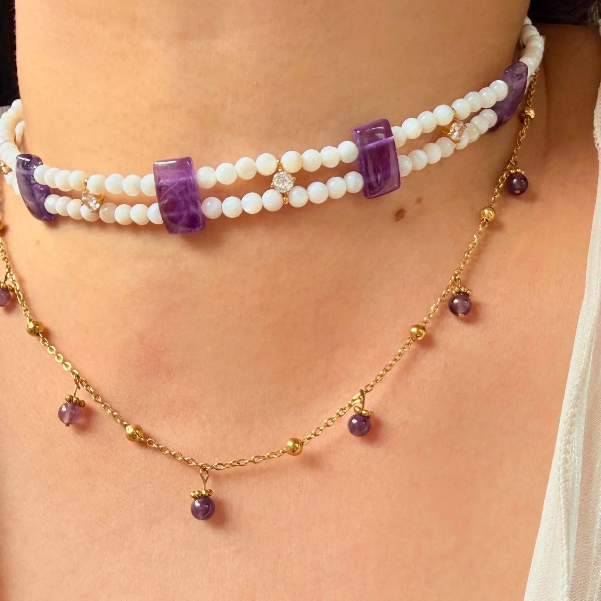 Double Layer Amethyst Shell Choker - Handmade Crystal Necklace NZ - Zodd - NZ - Crafted - Objects of Personal Energy