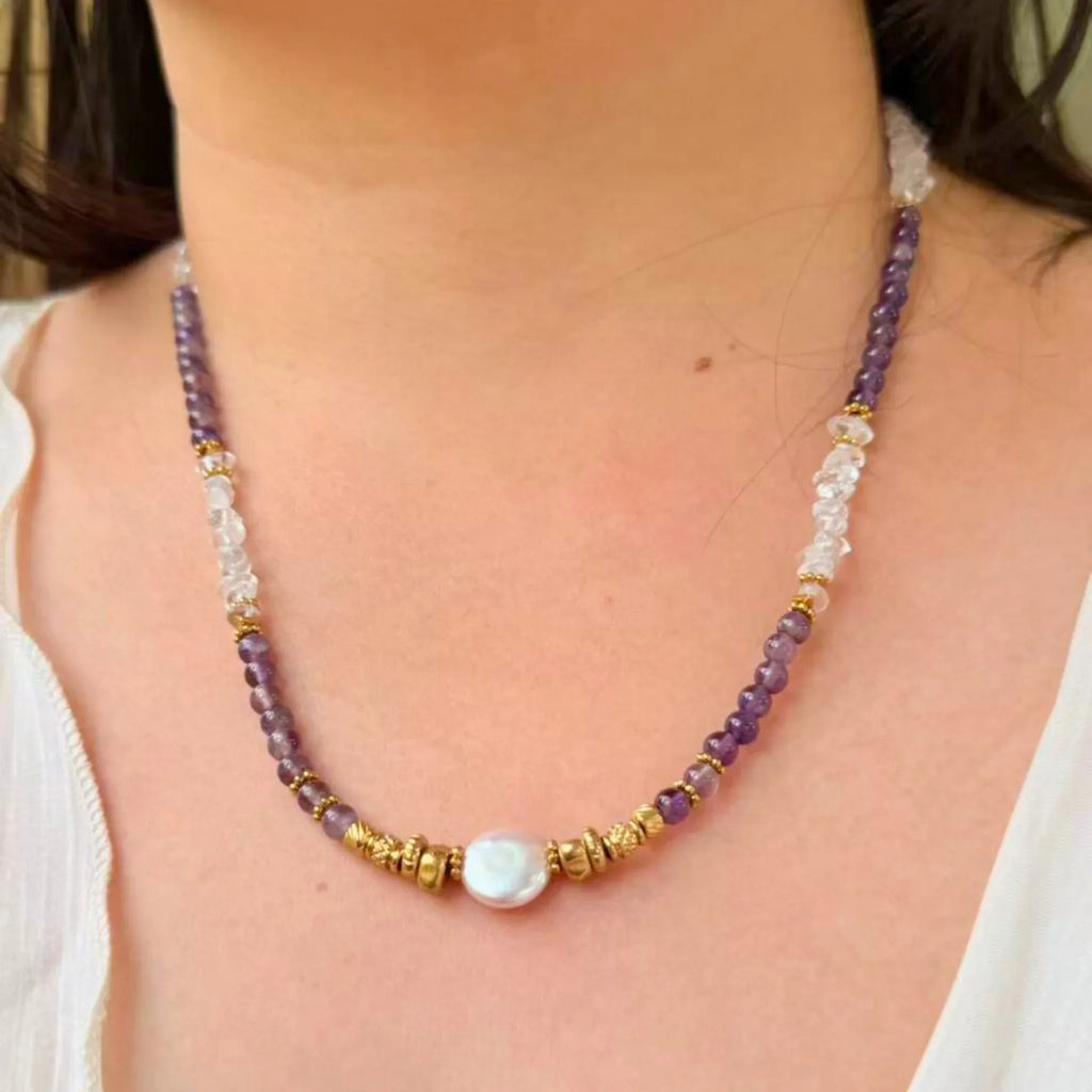 Amethyst Clear Quartz Pearl Necklace - Calm Clarity Elegance NZ - Zodd - NZ - Crafted - Objects of Personal Energy