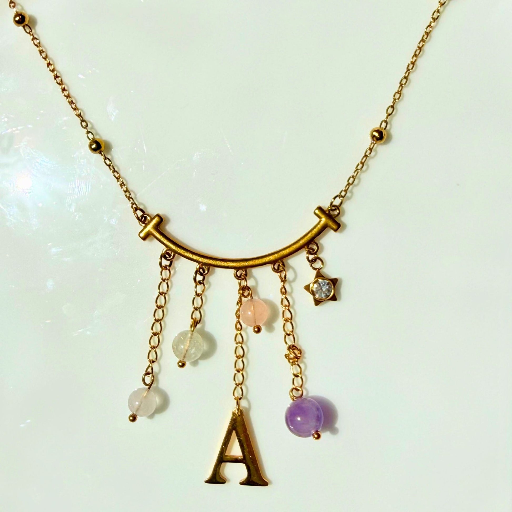 Personalised Letter Necklace with Rose Quartz & Clear Quartz | NZ Handmade &Designed - Zodd - NZ - Crafted - Objects of Personal Energy