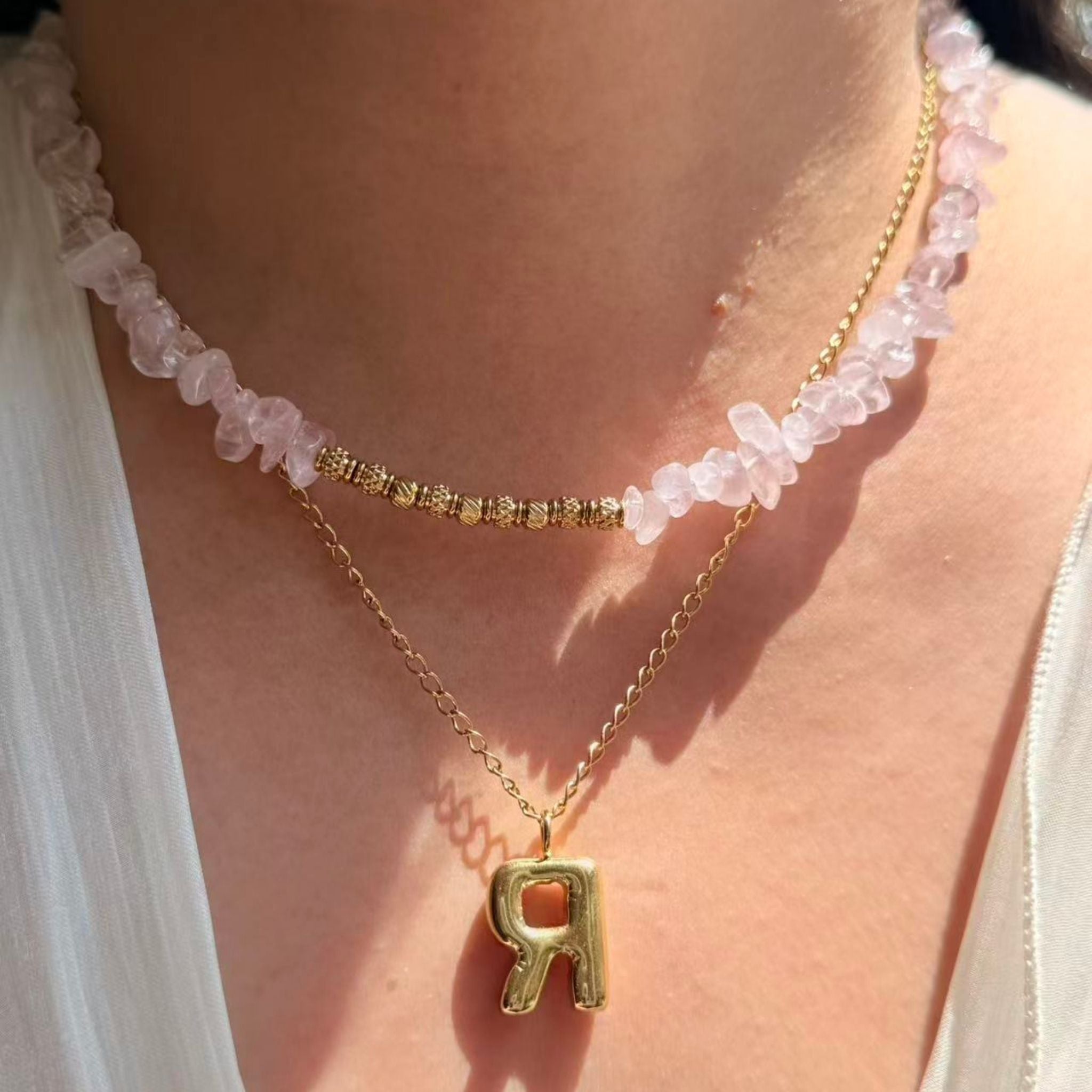 Rose Quartz Layered Necklace Set with Personalised Letter | NZ Made and Designed