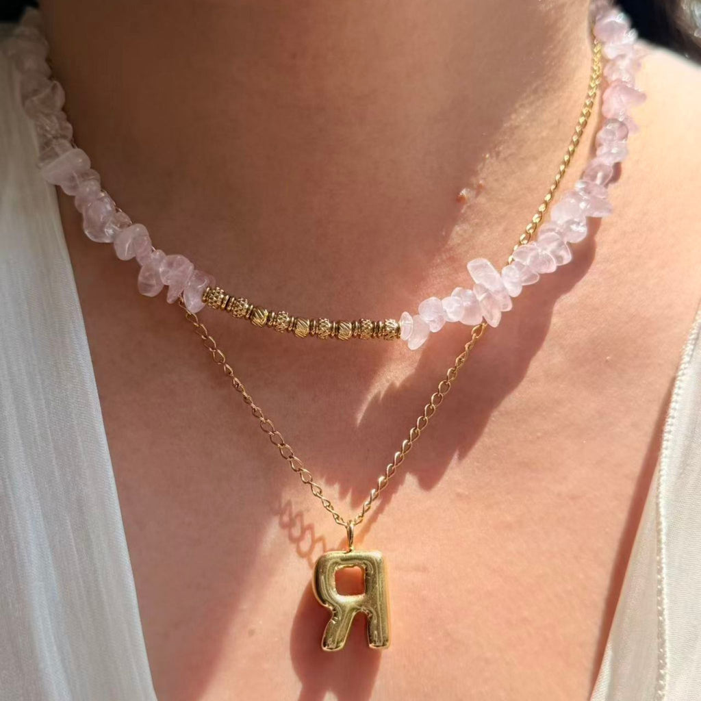 Rose Quartz Layered Necklace Set with Personalised Letter | NZ Made and Designed - Zodd - NZ - Crafted - Objects of Personal Energy